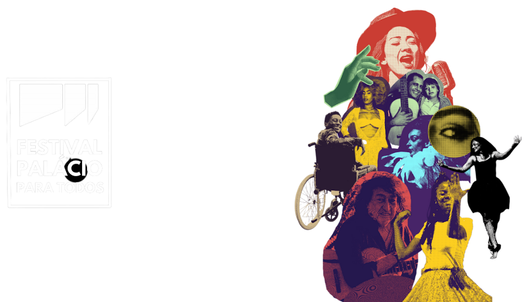 Banner principal com colagem de recortes de pessoas diversas, cada uma em uma cor diferente, ocupa o centro da arte. Acima da imagem, logotipo do Festival Palácio para Todos e o texto: 22 a 25 de agosto de 2024, Programação Gratuita. O fundo da arte é escuro, com a foto das cadeiras avermelhadas do andar superior à platéia do teatro do Palácio das Artes, vistas a partir do palco.