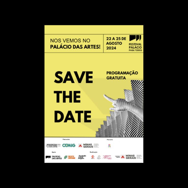 Convite para o Festival Palácio Para Todos, do Palácio das Artes, de Belo Horizonte. O Festival acontecerá de 22 a 25 de agosto de 2024, com Programação Gratuita. Sobre fundo amarelo claro e bem no centro da arte, a chamada em letras maiúsculas grandes e pretas “Save the date”, que significa “salve na sua agenda”. À direita, a ilustração de um braço esticado, todo pixelado em preto e branco, aponta o indicador para essa chamada. No topo à esquerda, o texto “Nos vemos no Palácio das Artes!” ao lado da data e do logotipo do evento, à direita. O logotipo é composto pela ilustração de 3 trapézios pretos de tamanhos diferentes, dispostos lado a lado, de forma que remetam à fachada do Palácio. Abaixo deste elemento, o nome “Festival Palácio para Todos”. Na parte inferior, sobre fundo branco, os logotipos de patrocínio (Descentra Cultura Minas Gerais, CEMIG, Governo do Estado de MInas Gerais), de parceria (LAOPA),de apoio (Palácio das Artes, Circuito Liberdade, Fundação Clóvis Salgado) e de realização (Cultura Criativa, Minas Criativa, A Liberdade Mora em Minas, Secretaria de Cultura e Turismo de Minas Gerais)