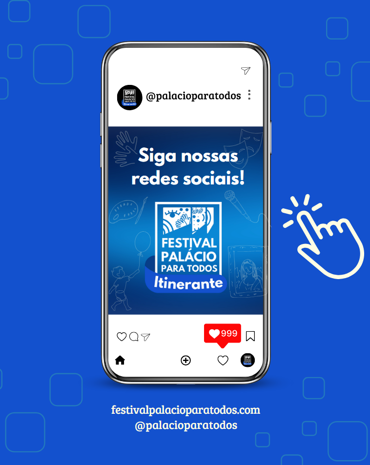 Siga nossas redes sociais. Imagem do instagram em um celular com a frase citada e o logo do festival